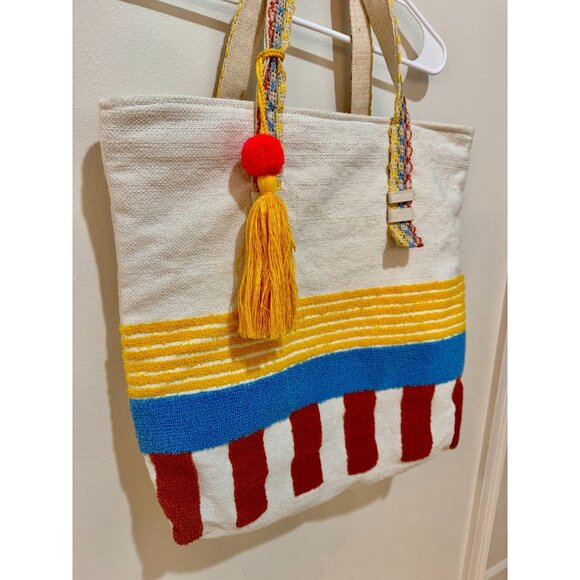Canvas Tote Bag With Red Stripes Yellow & Blue Accents Multicolor Handles - Picture 2 of 8